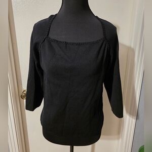 Pow Wow Black Square Neck Top With Bead Out Line Size L